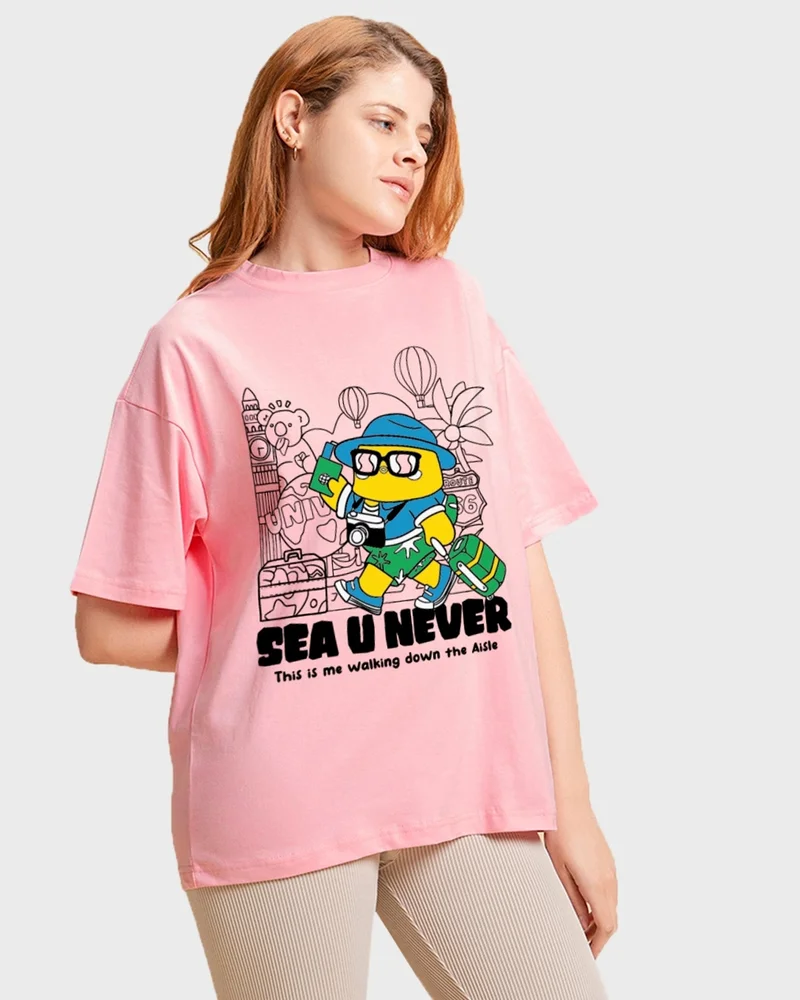 بيواكوف Women's Pink Sea u Never Graphic Printed Oversized T-shirt